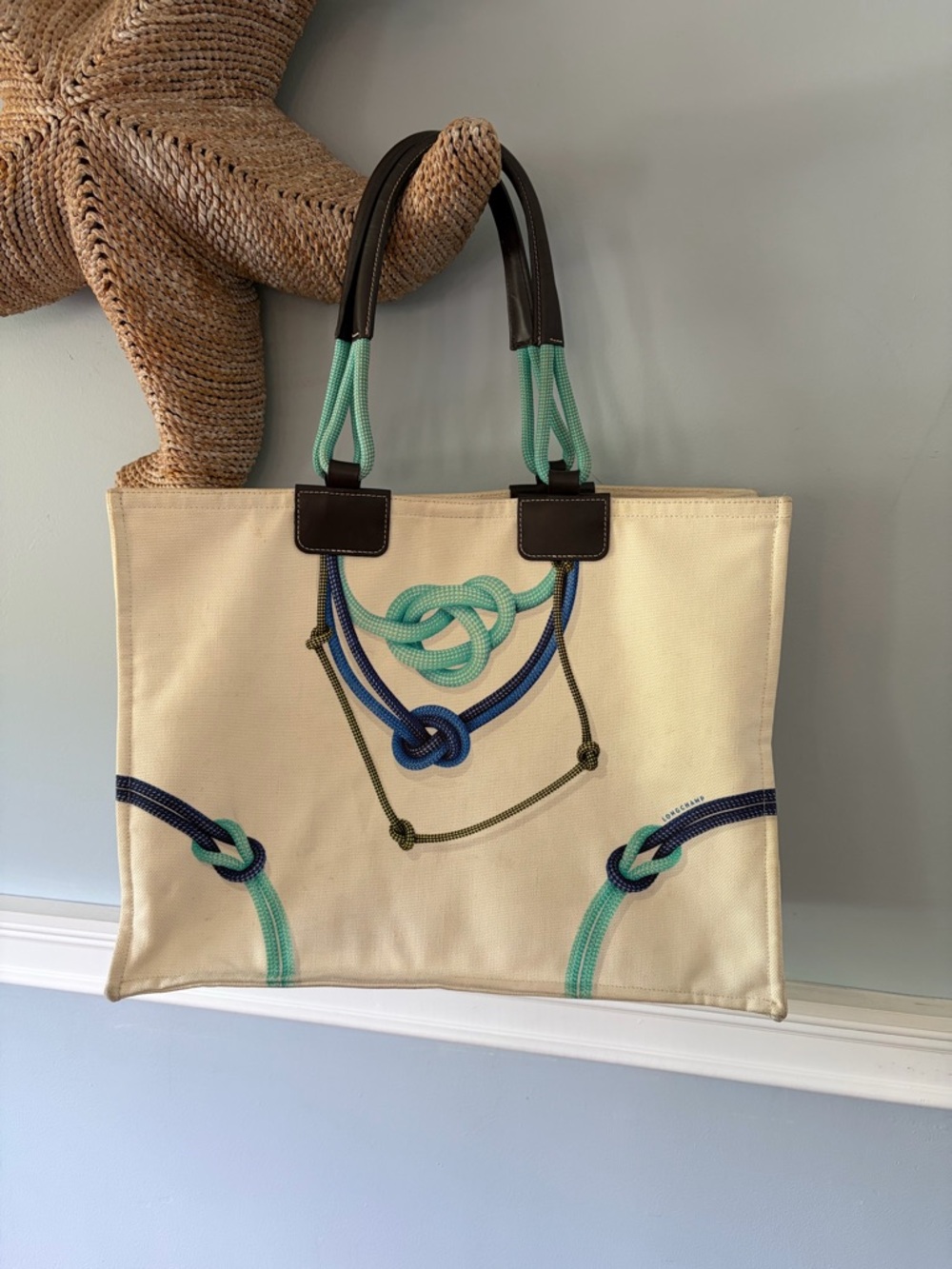 Longchamp Canvas Tote Bag with Rope Knot Design in Cream and Teal